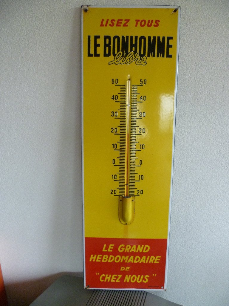 THERMOMÈTRE EN ÉMAIL « LE BON HOMME LIBRE » DES ANNÉES 1950, Collections, Enlèvement ou Envoi, Utilisé, Panneau publicitaire