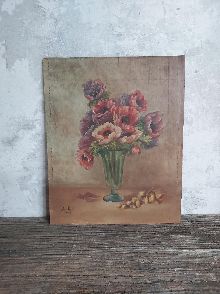 Leuk frans vintage bloemenschilderij op plaat 1948, Antiek en Kunst, Ophalen of Verzenden