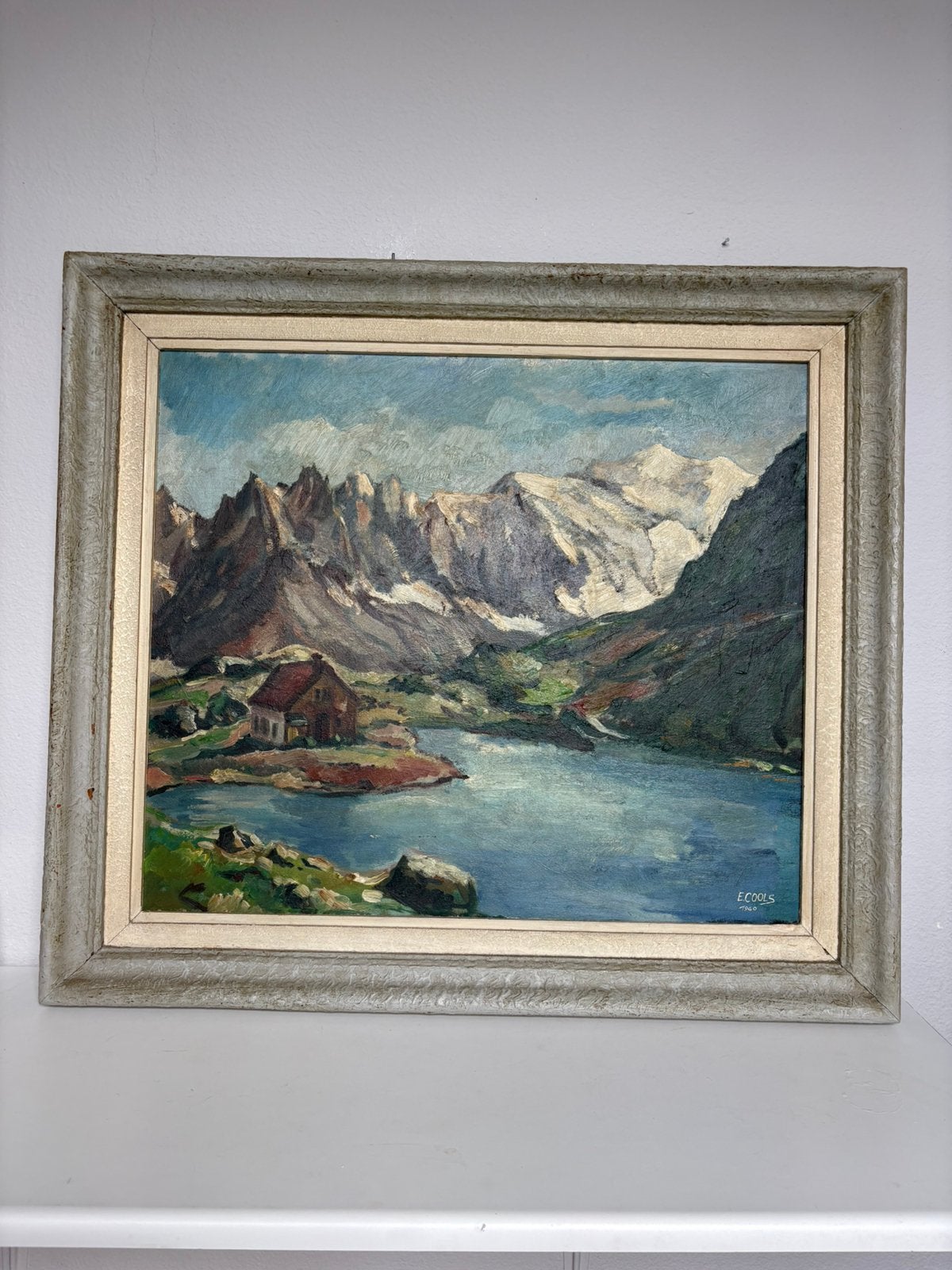 Paysage de montagne avec lac et cabane, E.Cools, 1960, 78x70, Enlèvement ou Envoi