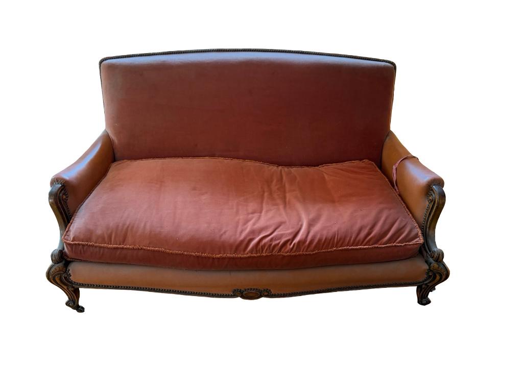 Lederen lounge in Louis XV-stijl — bank en 4 fauteuils, Ophalen