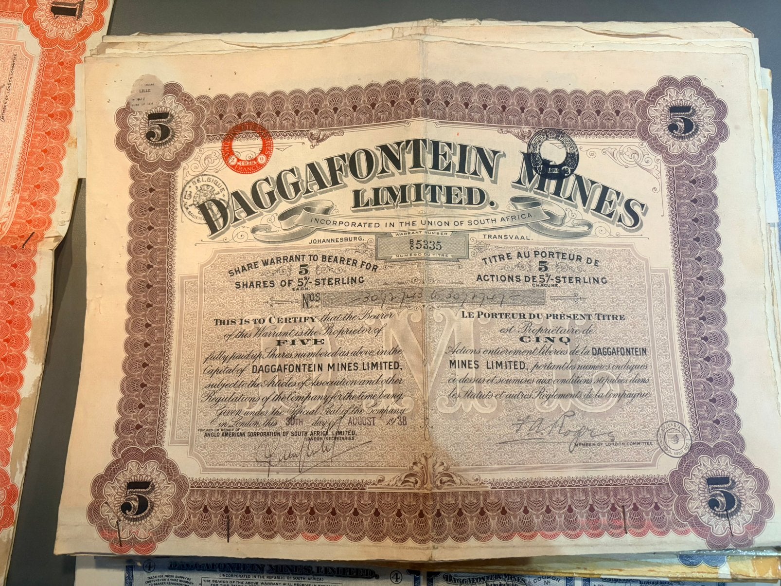 Ancien Titre Action Violet - Daggafontein Mines Limited1938, Postzegels en Munten, Aandelen en Waardepapieren, Verzenden, Aandeel