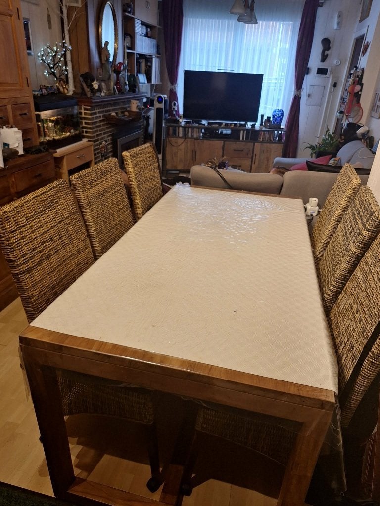 Tafel met 6 stoelen en SalonHoekBedzetel, Gris, Bois, Modern hoeksalon, Comme neuf