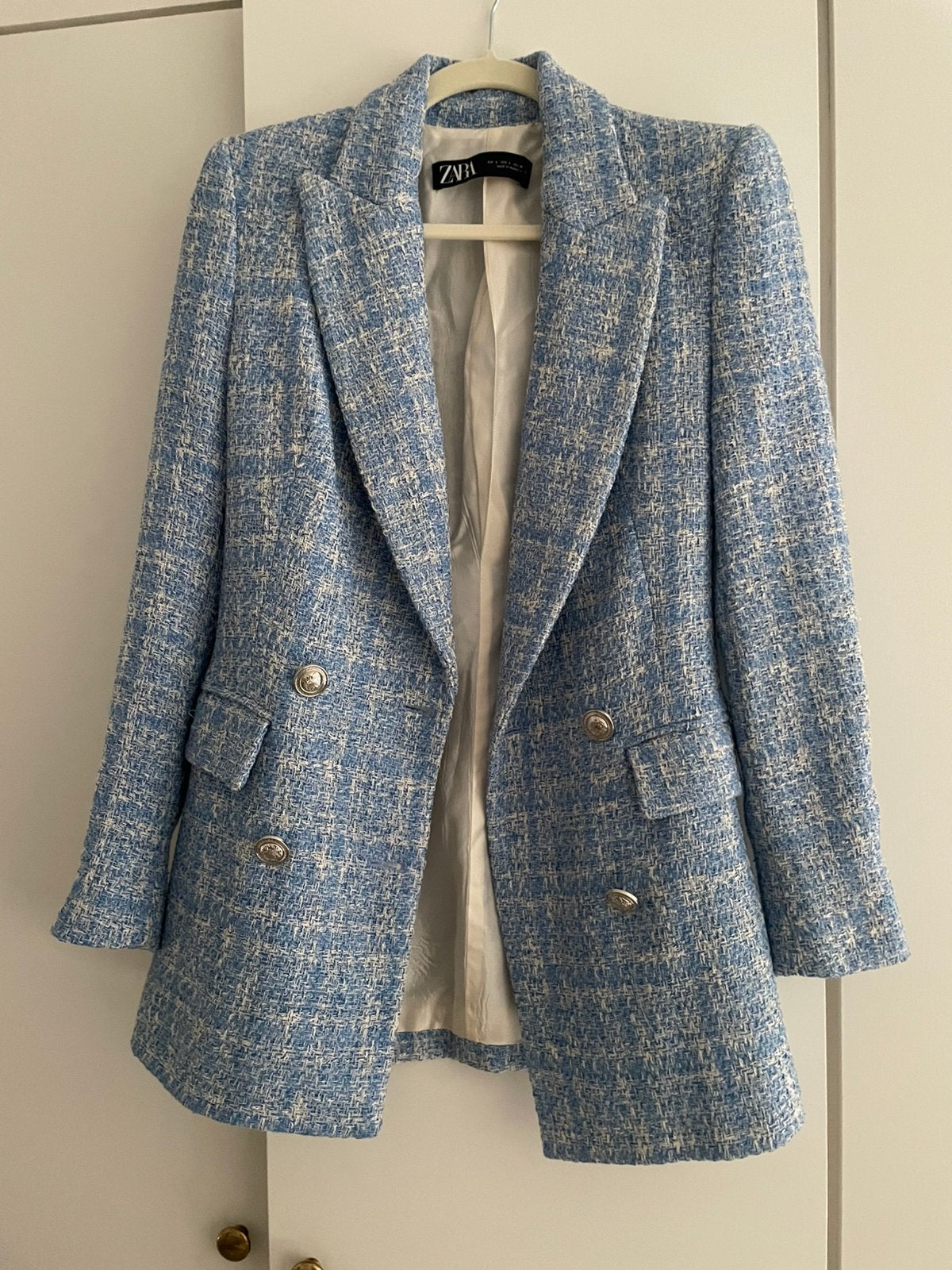 Blazer croisé en tweed bleu taille S – Zara, Kleding | Dames, Ophalen, Zo goed als nieuw, Blauw