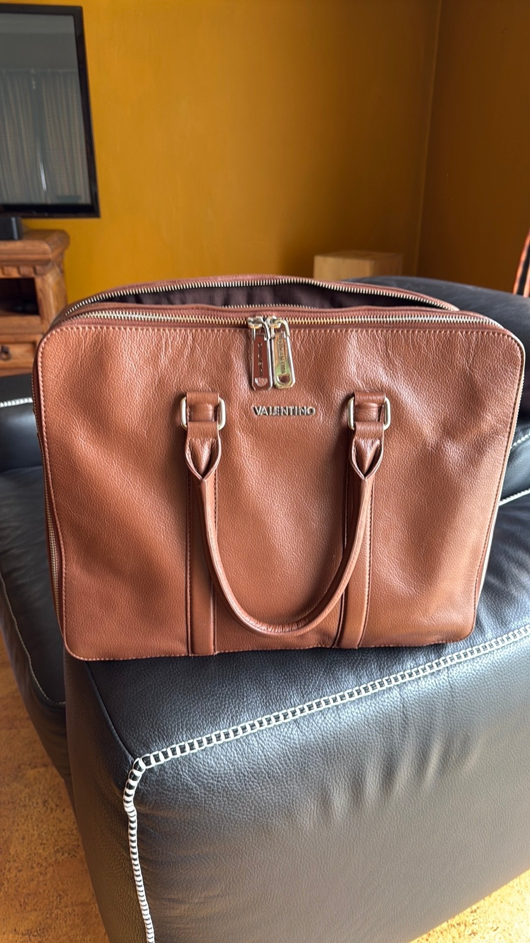 Leren aktetas Valentino Cognac kleur, Ophalen, Zo goed als nieuw, Leer
