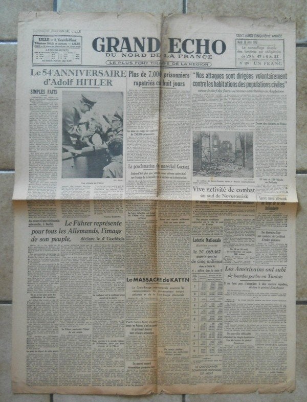 Grand Echo du Nord de la France, journal du 20 avril 1943, Verzamelen, Tijdschriften, Kranten en Knipsels, Krant, 1940 tot 1960