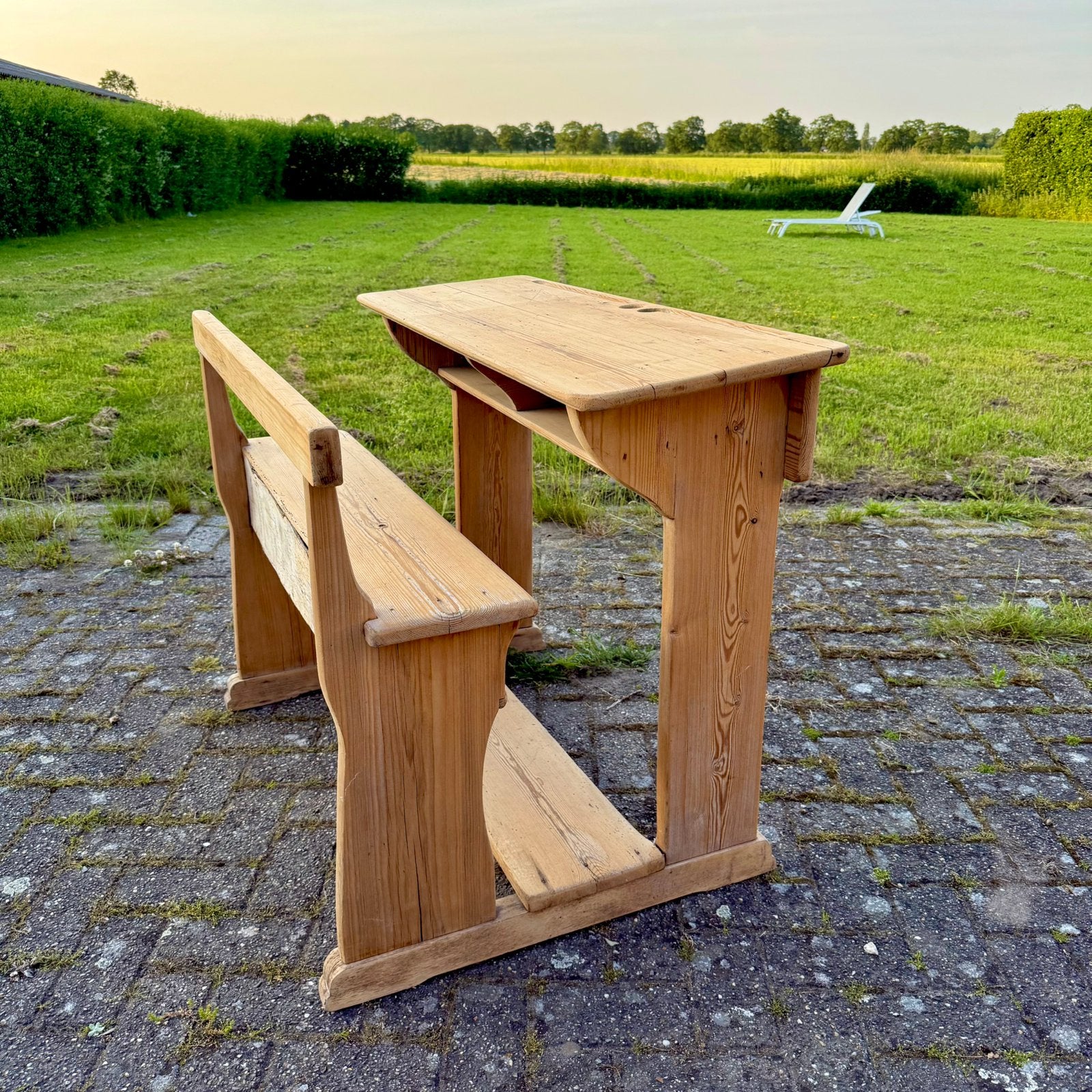 Vintage schoolbank | geschuurd & behandeld | massief hout, Autres marques, Bureau d'écolier, Vintage, Enlèvement
