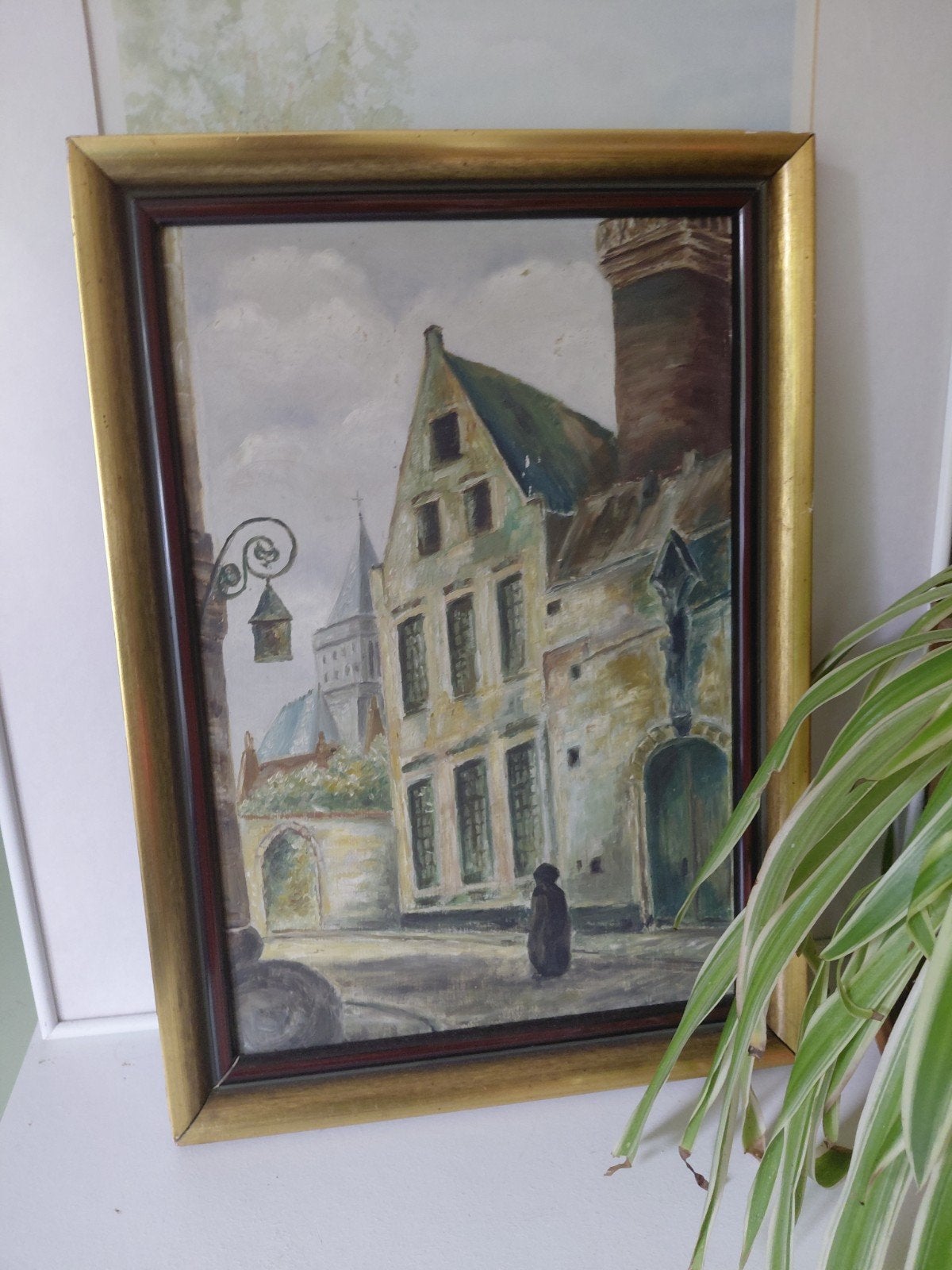 Vintage Olieverfschilderij Gouden Lijst Signature 1957, Antiek en Kunst, Kunst | Schilderijen | Klassiek, Paneel, Ophalen of Verzenden