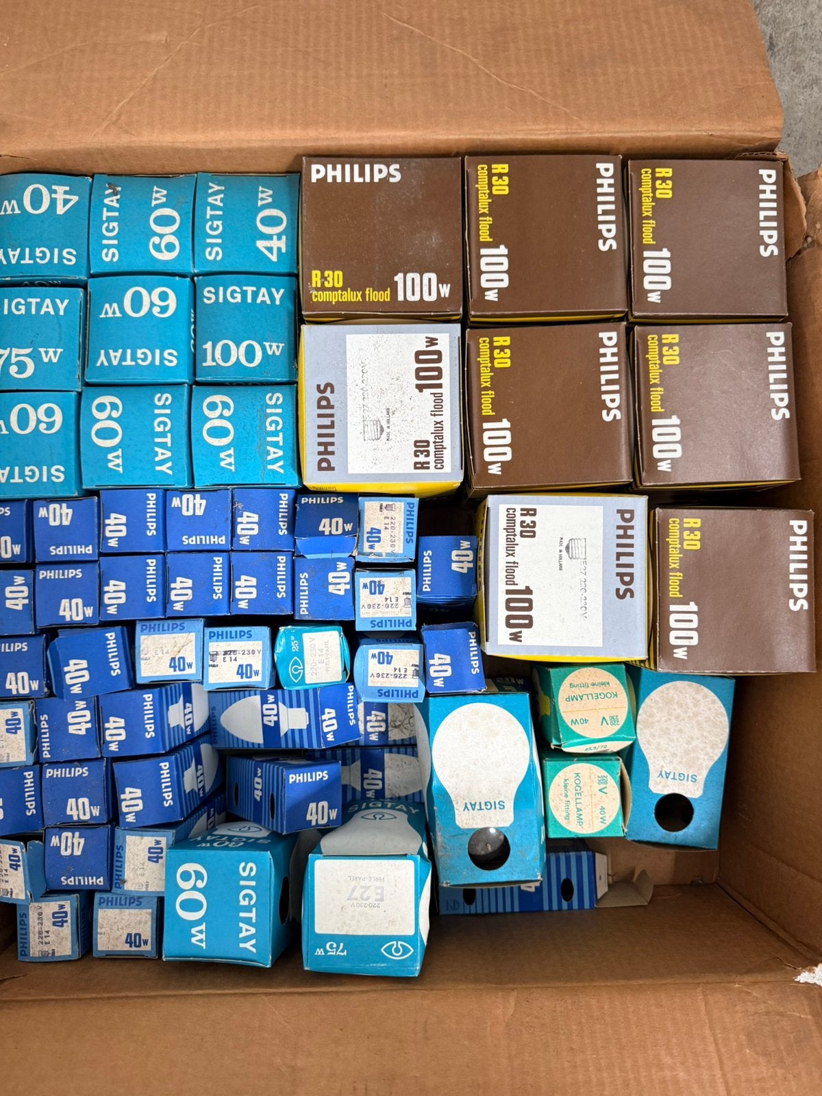 Partij vintage gloeilampen Philips Comptalux & Sigtay NOS, Huis en Inrichting, Ophalen of Verzenden, Zo goed als nieuw, Philips