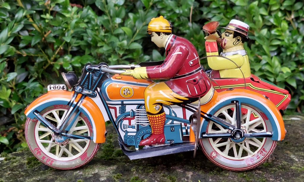 Vintage metalen motorfiets met zijspan wind up,, Antiek en Kunst, Ophalen of Verzenden