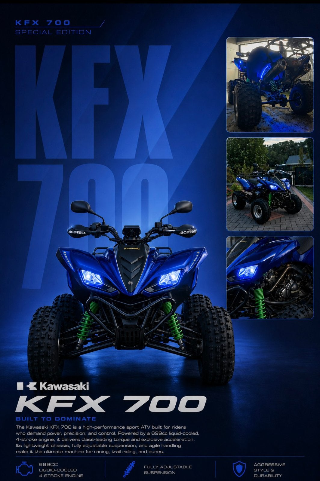 Kfx 700 met dubbele DOMA RACING uitlaat, 2 cylindres