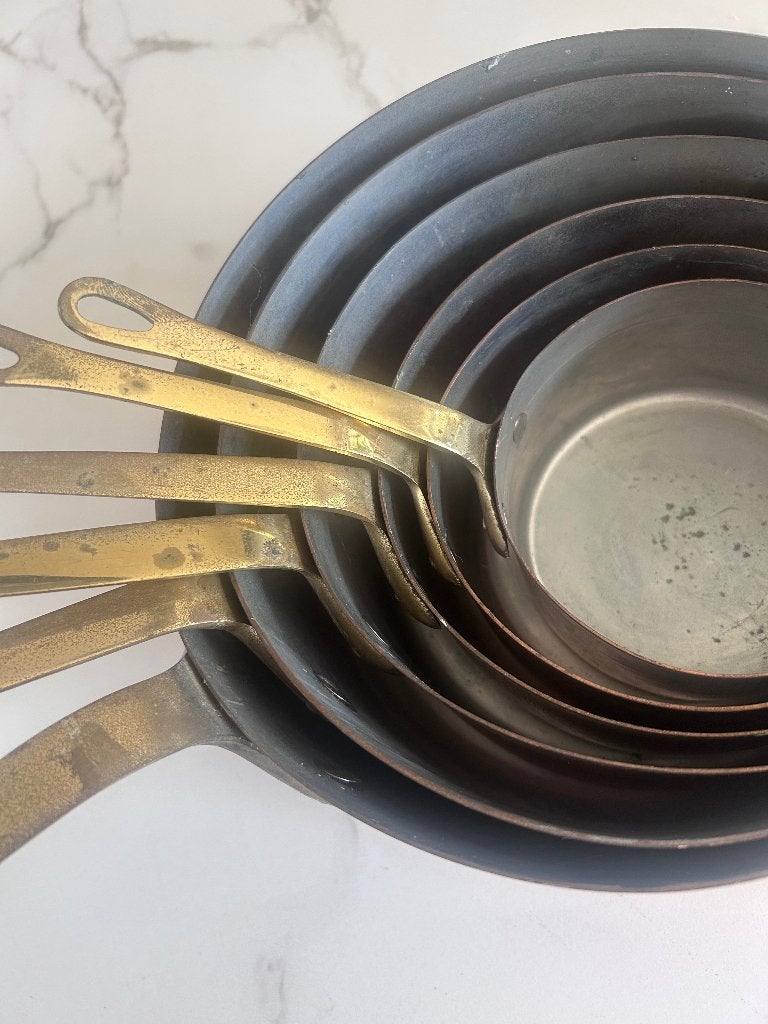Lot de 6 casseroles en cuivre – ancien – manches en laiton, Antiquités & Art, Enlèvement, Cuivre