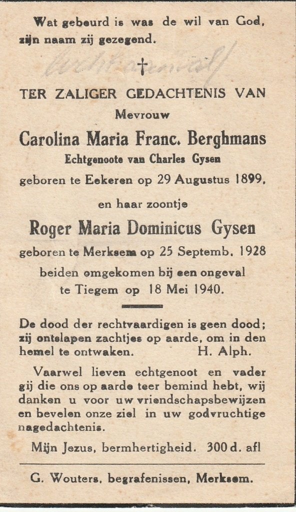 Luchtaanval  Carolina Berghmans/Roger Gysen Tiegem 18.5.1940, Verzamelen, Bidprentjes en Rouwkaarten, Ophalen of Verzenden