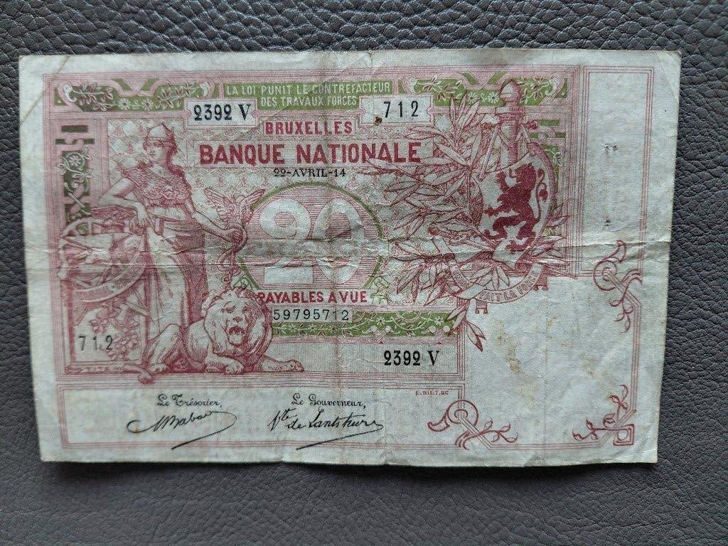 Heel oud bankbiljet 20 Franken 22 avril 1914, Postzegels en Munten, Ophalen of Verzenden, Los biljet