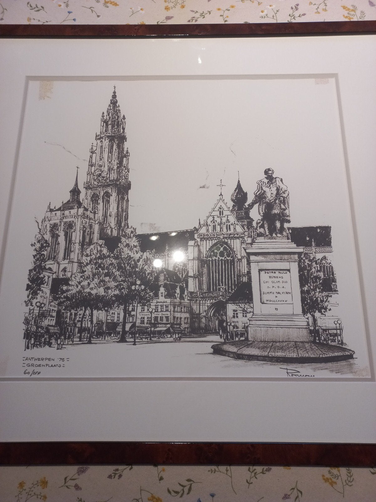 Romain Malfliet - Antwerpen '75 Groenplaats - 60/250, Ophalen, Ets, Lithografie, Ingelijst