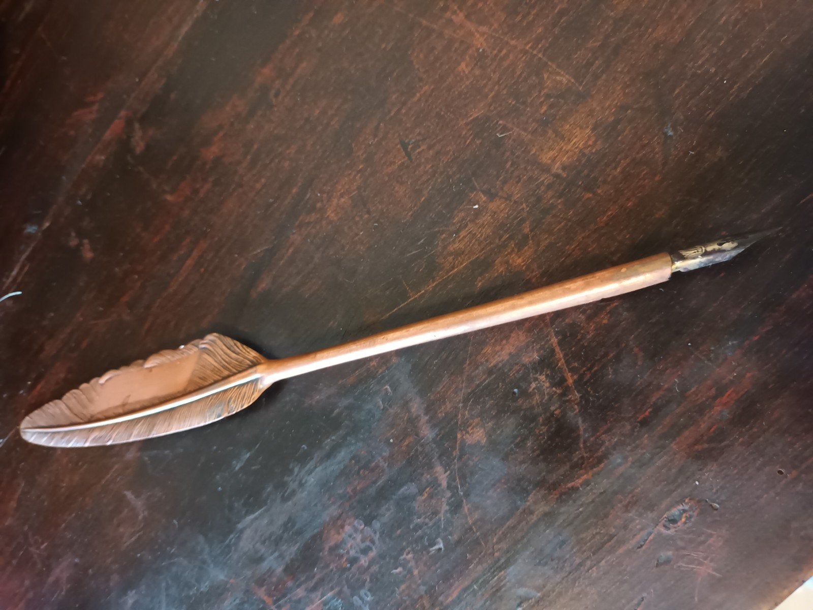 Elegante koperen veren kroontjespen / dip-pen – 25 cm, Ophalen of Verzenden, Koper