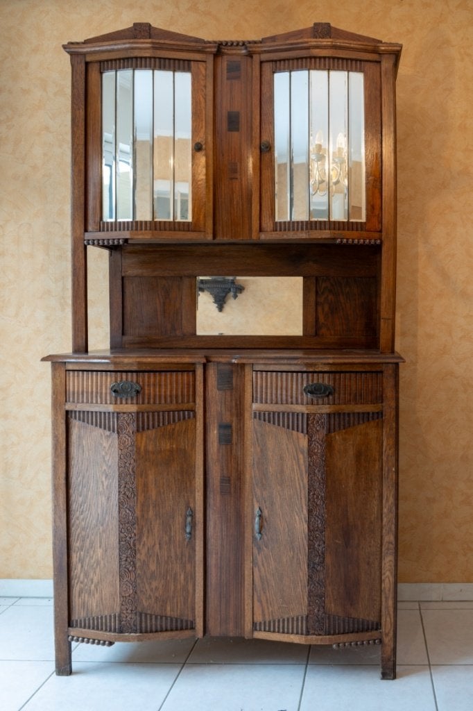 Antieke eiken vitrinekast china cabinet, Avec tablette(s), Comme neuf, 100 à 150 cm, Enlèvement