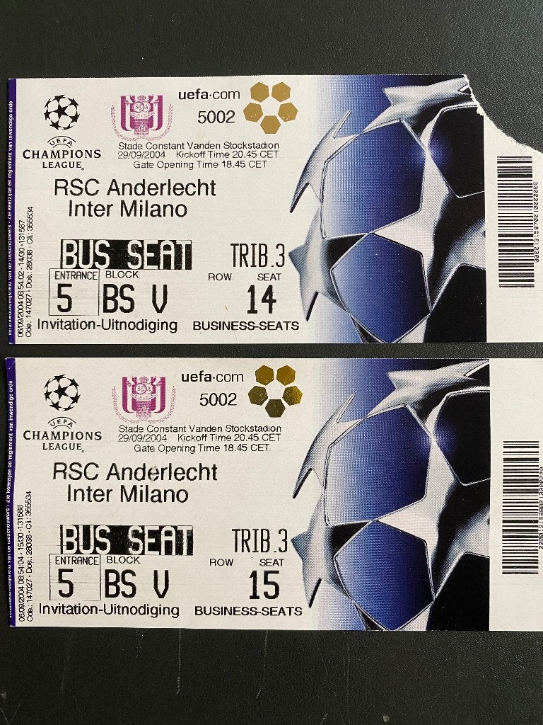 Vintage voetbalticket Anderlecht-Inter Milaan (2004), Tickets en Kaartjes, Sport | Voetbal, September