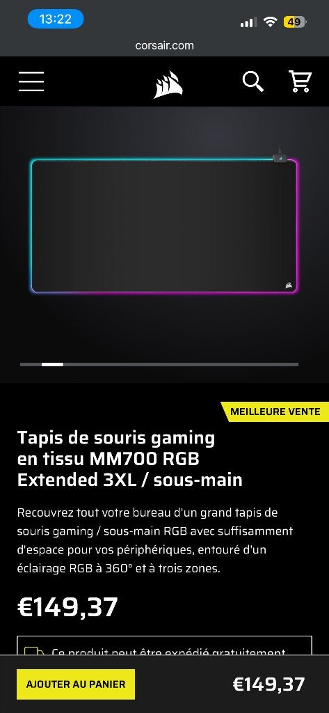 Tapis de souris gaming Corsair MM700 RGB 3XL, Enlèvement, Ergonomique, Utilisé, Corsair