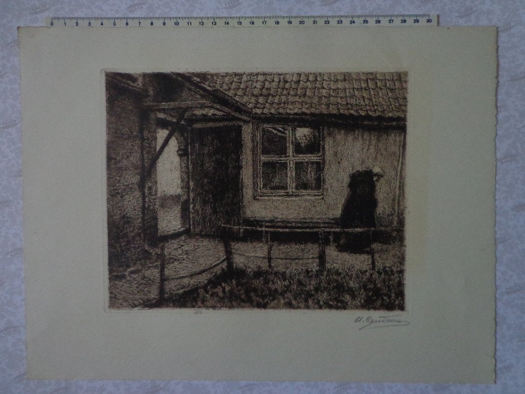 typische ets van Albert Geudens "Begijnhof te Mechelen", Antiek en Kunst, Dagelijks leven, Ets, Ophalen of Verzenden, Gesigneerd
