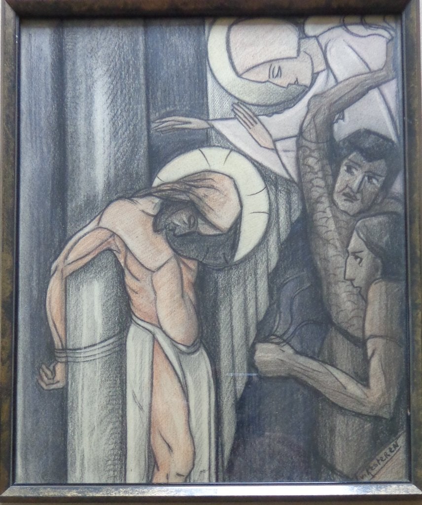 J. VAN KESTEREN / RELIGIEUZE SCENE / ORIGINEEL 32x26cm KADER, Portret of Personen, Ophalen of Verzenden, Tekening, Papier