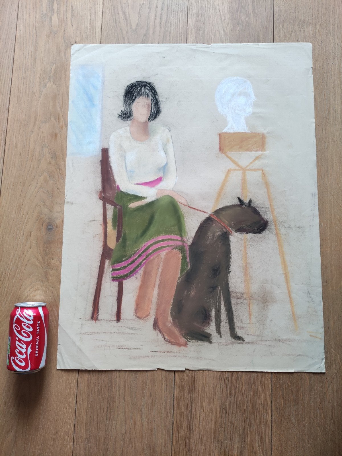 GROTE PASTEL : DAME EN HOND NAAST BUSTE, Ophalen of Verzenden