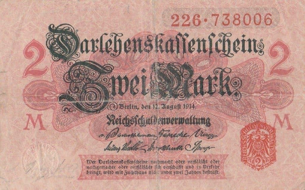 De 2 Mark Darlehenskassenschein van 12 augustus 1914, Ophalen of Verzenden, Duitsland