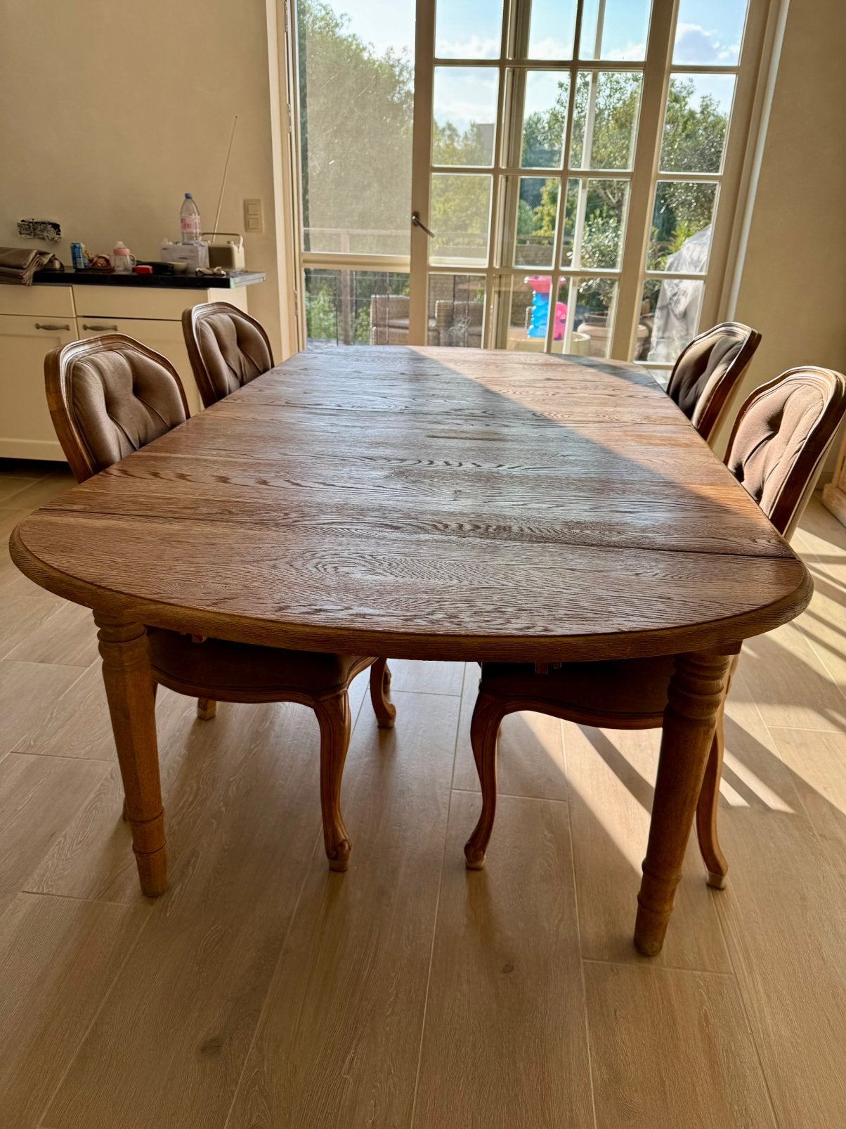 Massief eiken (verlengbare) tafel met 6 stoelen, Huis en Inrichting, Ophalen, Gebruikt