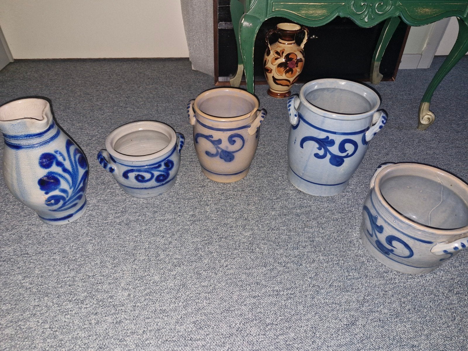 Set van 5 authentieke blauw-witte aardewerken potten en krui, Ophalen