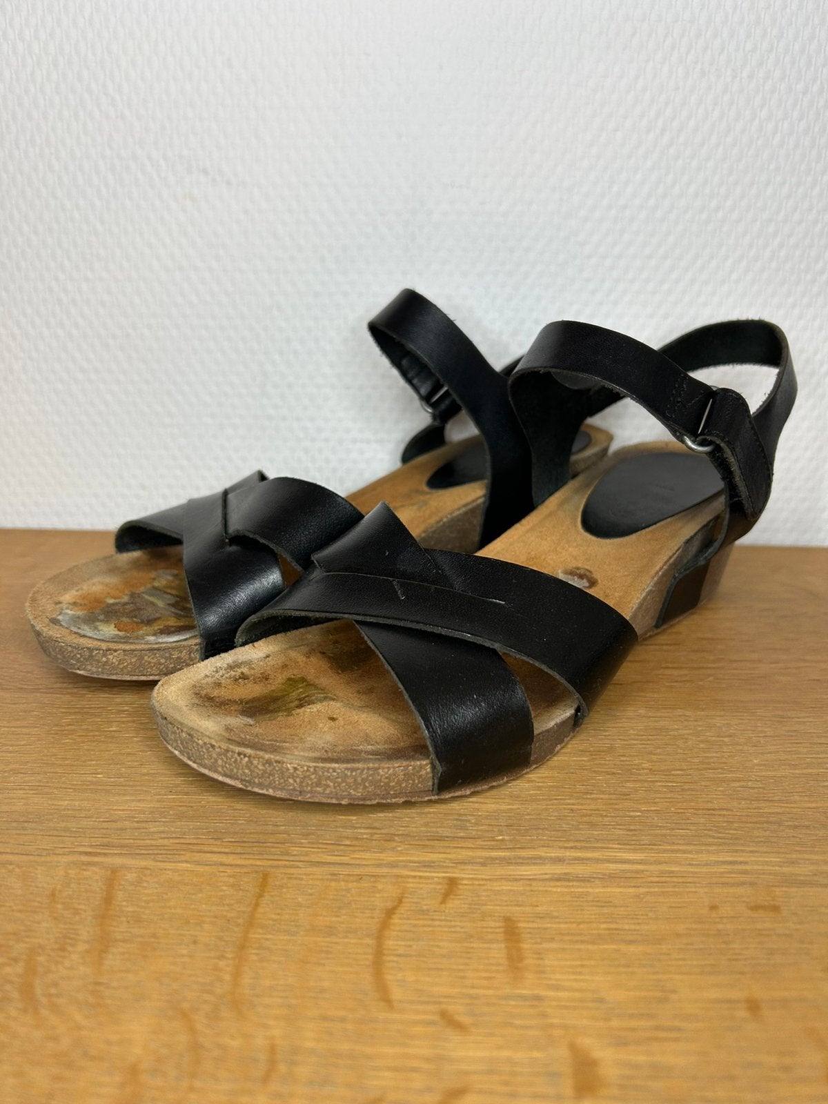 Zwart lederen sleehak kurk sandalen maat 39, Kleding | Dames, Zwart, Gedragen, Sandalen of Muiltjes, Ophalen of Verzenden
