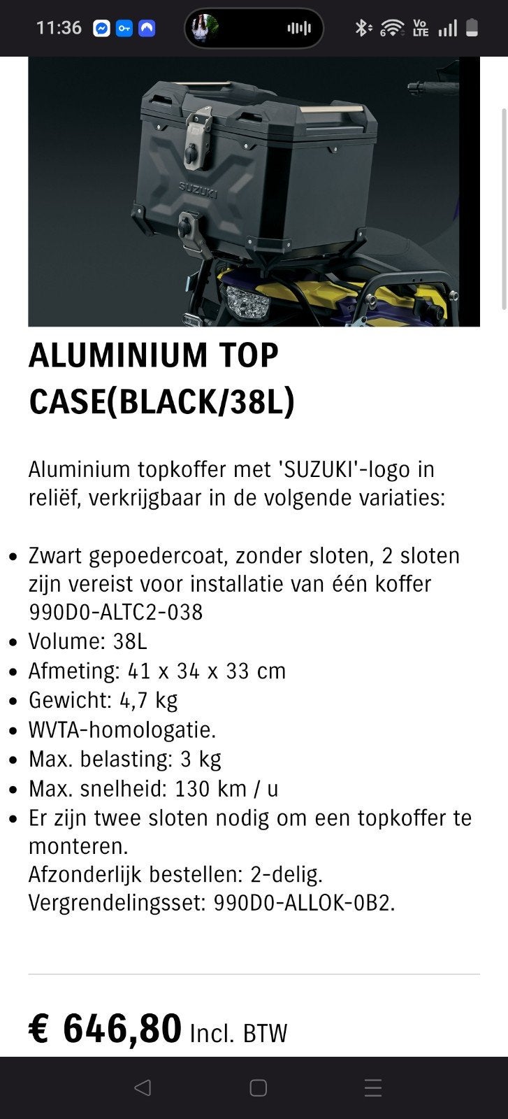 Suzuki Vstrom 800 orginele top case aluminium., Motoren, Ophalen, Nieuw