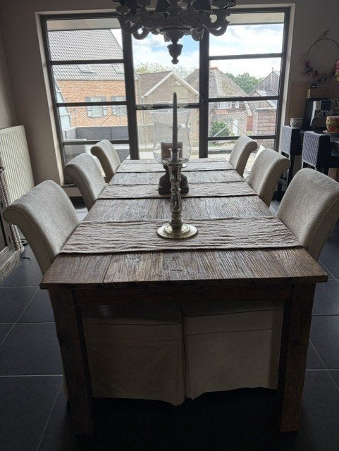 Mooie tafel en zes stoelen te koop, Ophalen, Gebruikt, Landelijk, 4 tot 6 stoelen