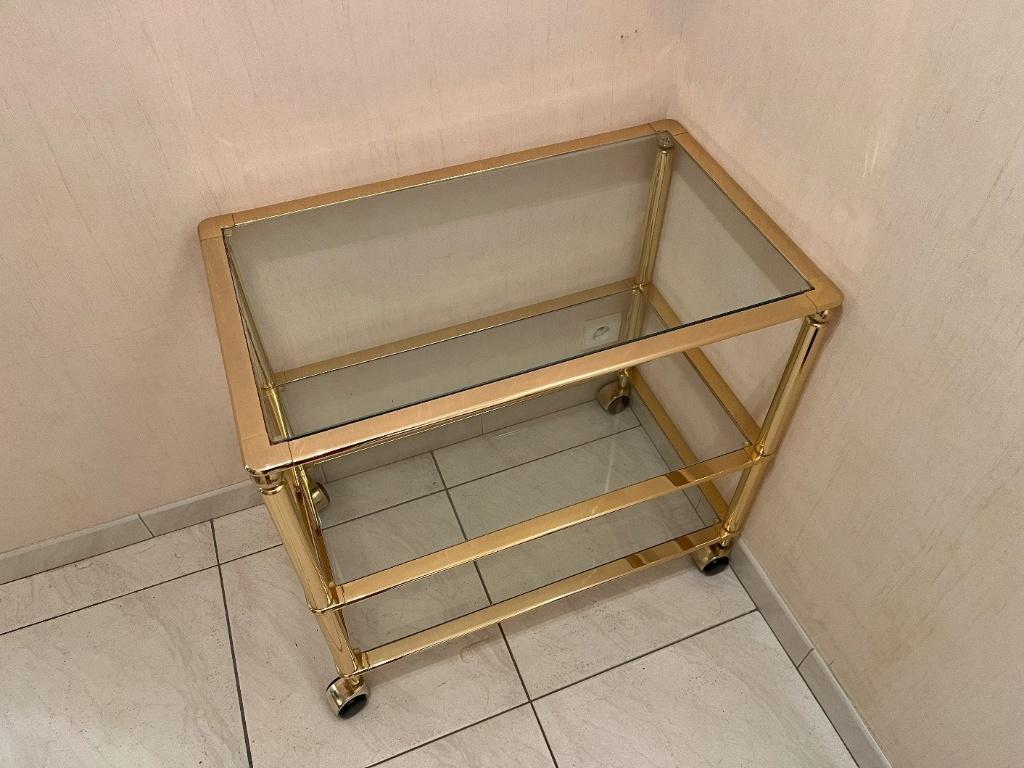 Mooi koperkleurig roltafeltje met glazen leggers, Ophalen, Metaal of Aluminium, 55 tot 75 cm, Zo goed als nieuw