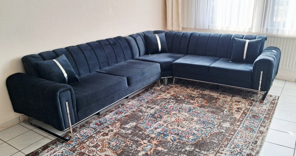 Hoeksalon XXL - blauw - velours, Huis en Inrichting, Ophalen, Gebruikt, Hoekbank, Metaal