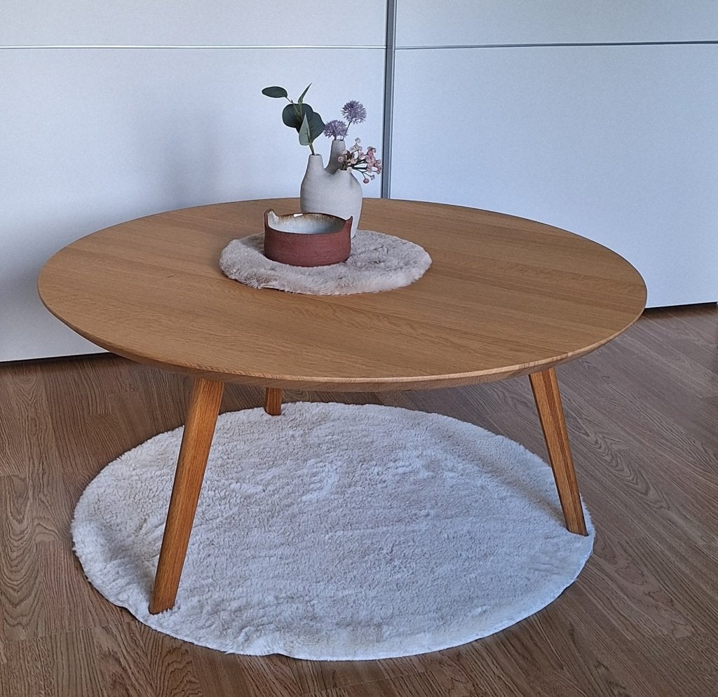 Scandinavische / Japandi salontafel (rond, eikenhout), Ophalen, 50 tot 100 cm, Zo goed als nieuw, Eikenhout