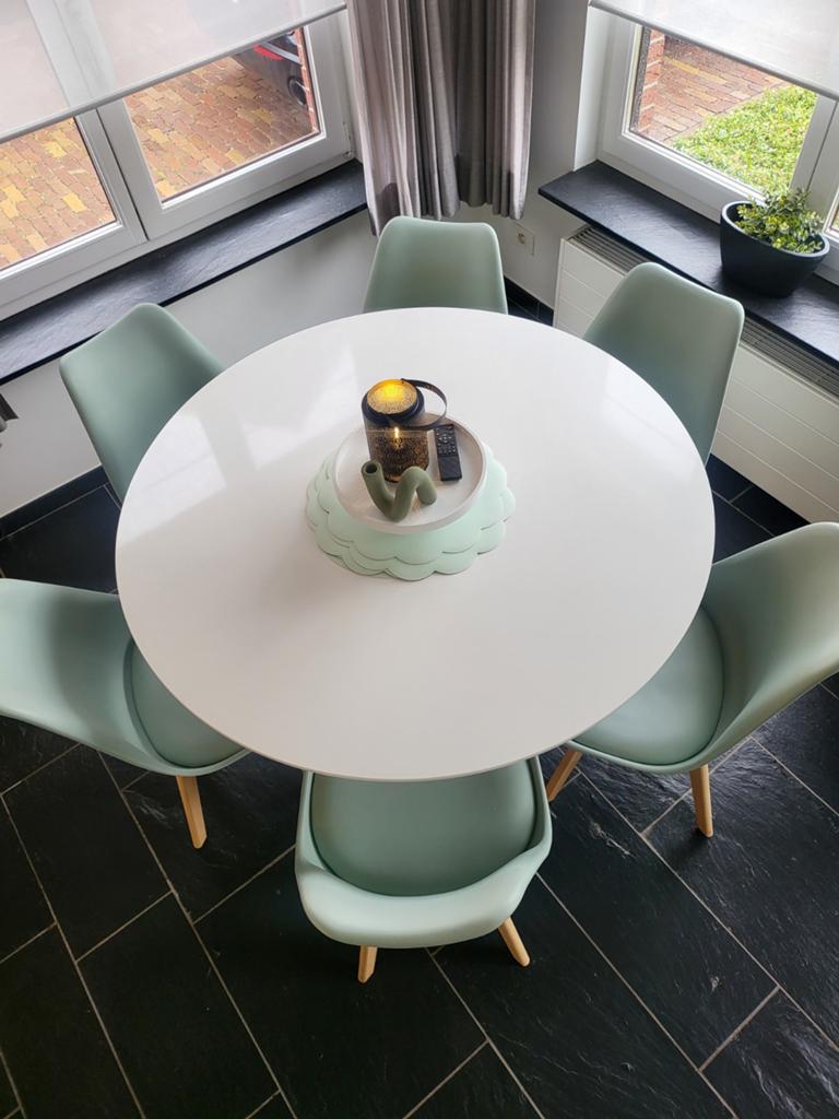 Eettafel  rond 120 diameter  wit met 6 stoelen als nieuw, Huis en Inrichting, Ophalen, Zo goed als nieuw, Rond