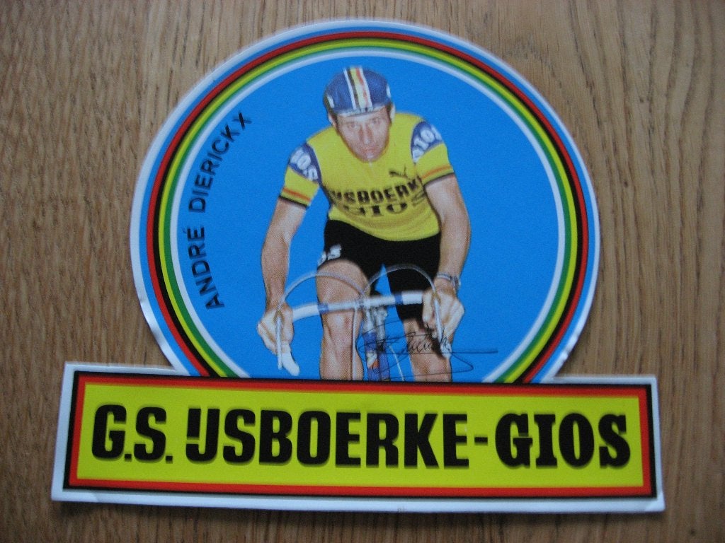 Sticker Andre Dierickx GS ijsboerke Gios Wielrenner 14,5 x 1, Verzamelen, Ophalen, Nieuw, Poster, Plaatje of Sticker