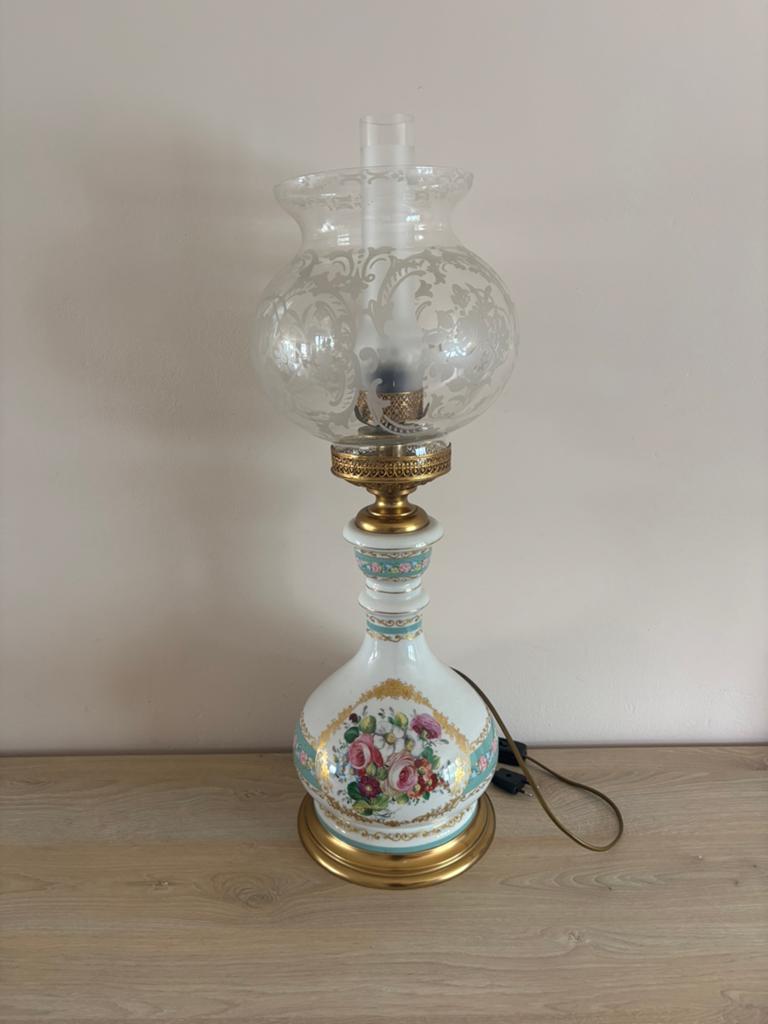 Italiaanse Vintage porseleinen tafellamp met glazen kap, Ophalen, Glas
