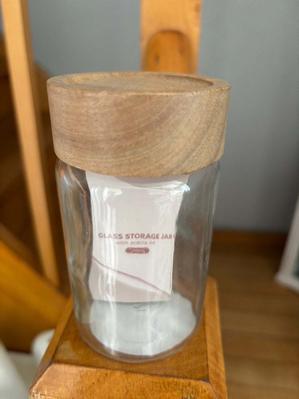 Glazen pot met nieuw houten deksel, Huis en Inrichting, Beige, Glas, Nieuw, Ophalen of Verzenden
