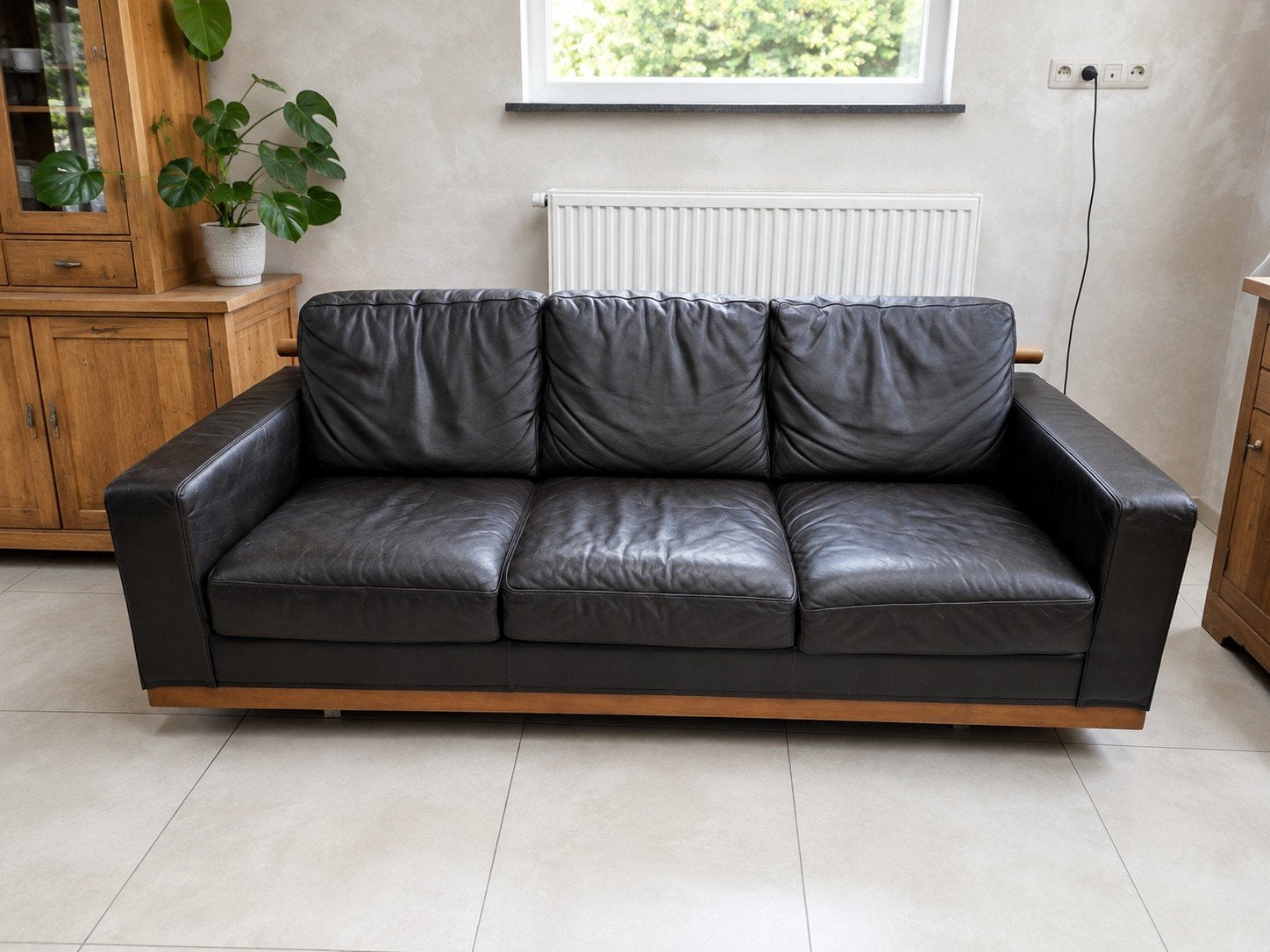 Vintage lederen 3-zits zetel / sofa – donkerbruin met hout, Ophalen, Gebruikt, Driepersoons, 75 tot 100 cm
