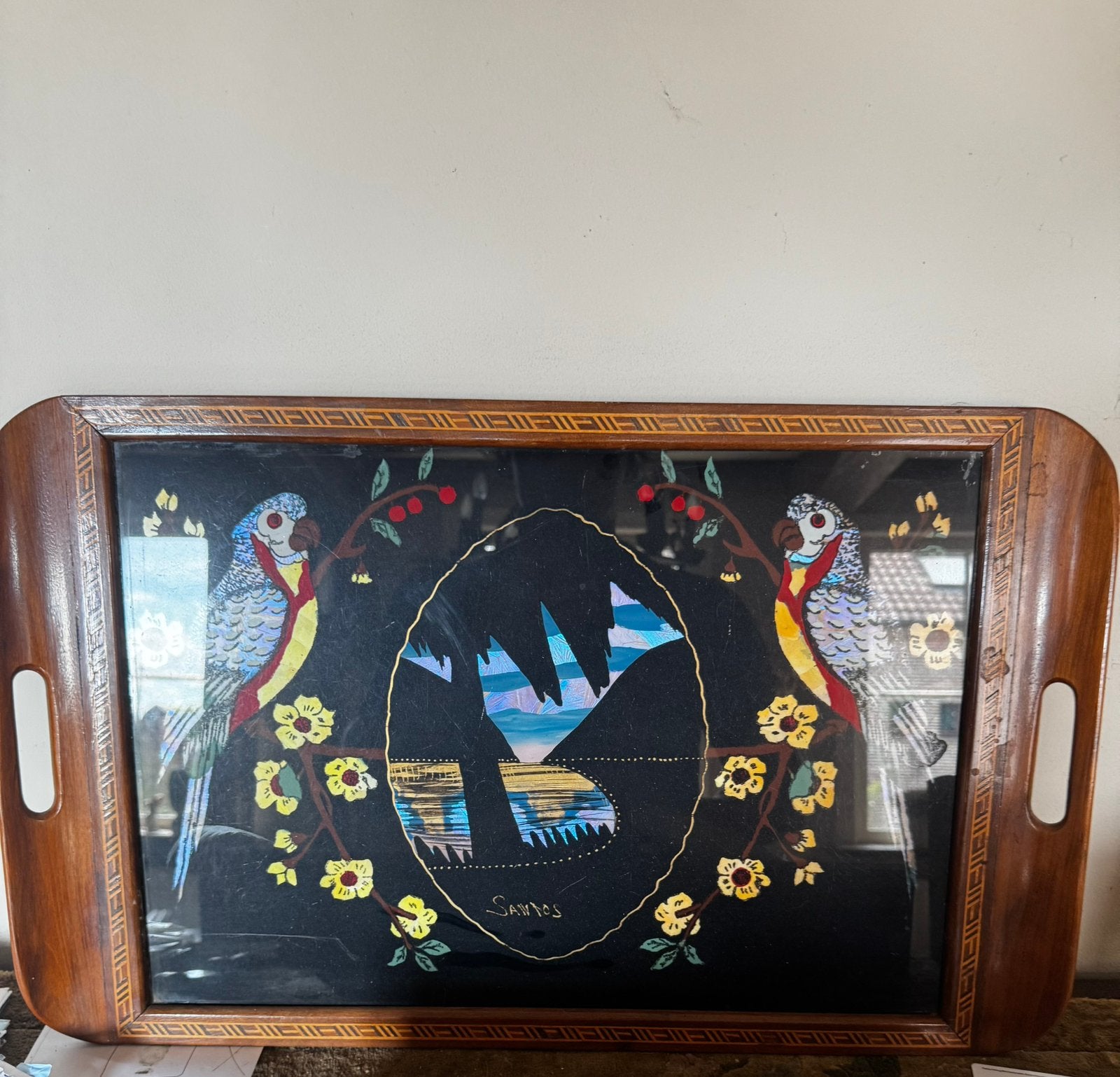 Vintage Braziliaans Dienblad – Vlindervleugels & Papegaaien, Antiek en Kunst, Ophalen of Verzenden