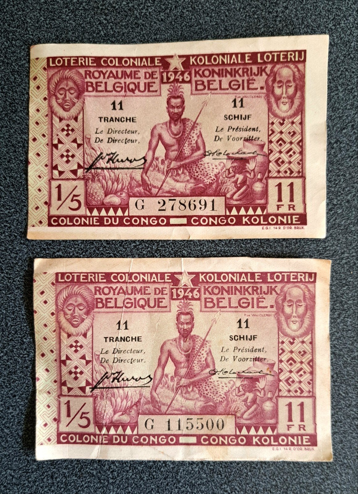 2 Belgische Congo-koloniale loterijtickets 1946, Ophalen of Verzenden