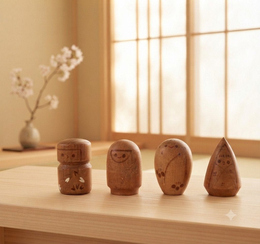 Ensemble complet de Kokeshis de Ryoichi Funayama, Antiquités & Art, Art | Art non-occidental, Japon, Bois, 4 cm, Poupée
