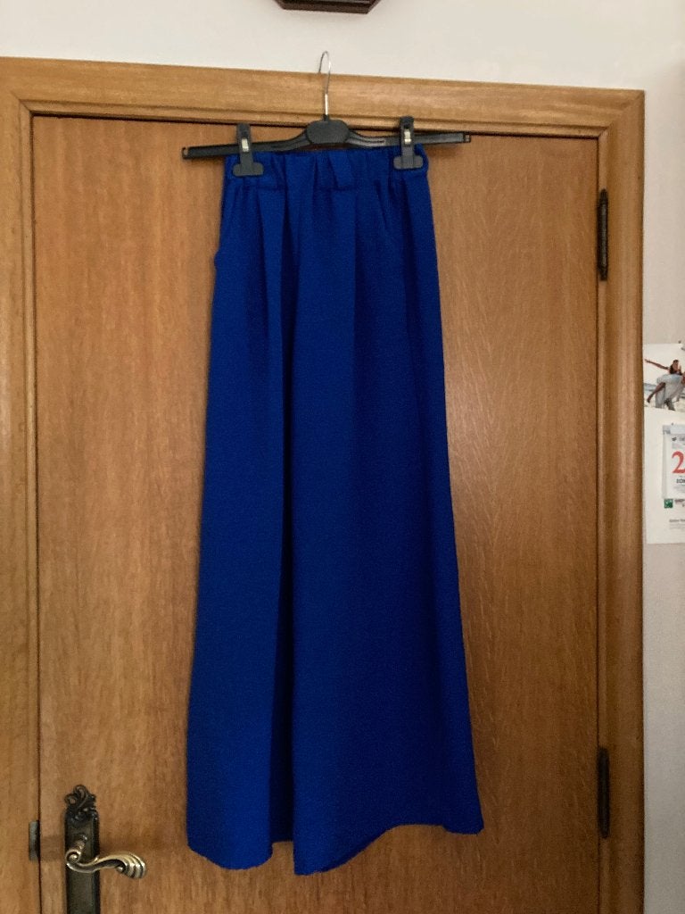 Blauwe lange broek met brede pijpen, May, maat 170, Kinderen en Baby's, Kinderkleding | Maat 170, Ophalen of Verzenden, Zo goed als nieuw