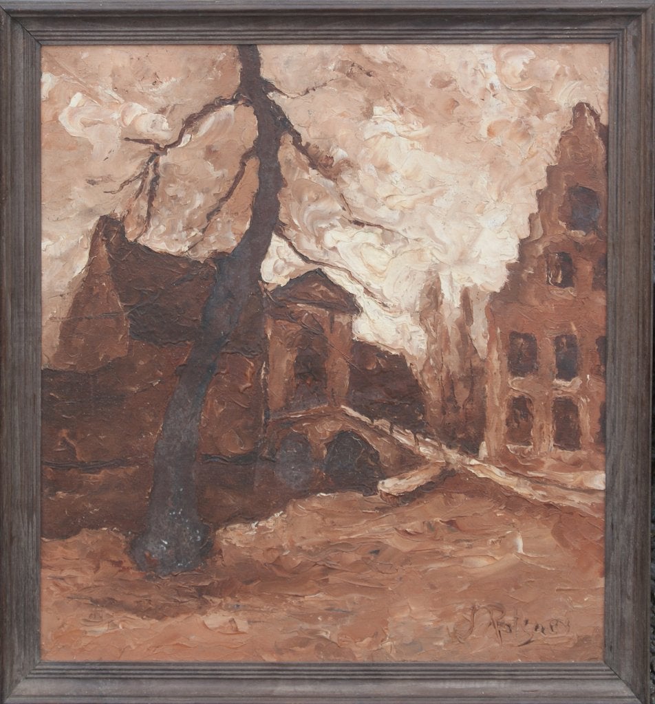 Jules Rotsaert (1910-1968): Brugs stadszicht (O/D, 73x63cm), Antiek en Kunst, Ophalen of Verzenden, Gesigneerd, Bloemen