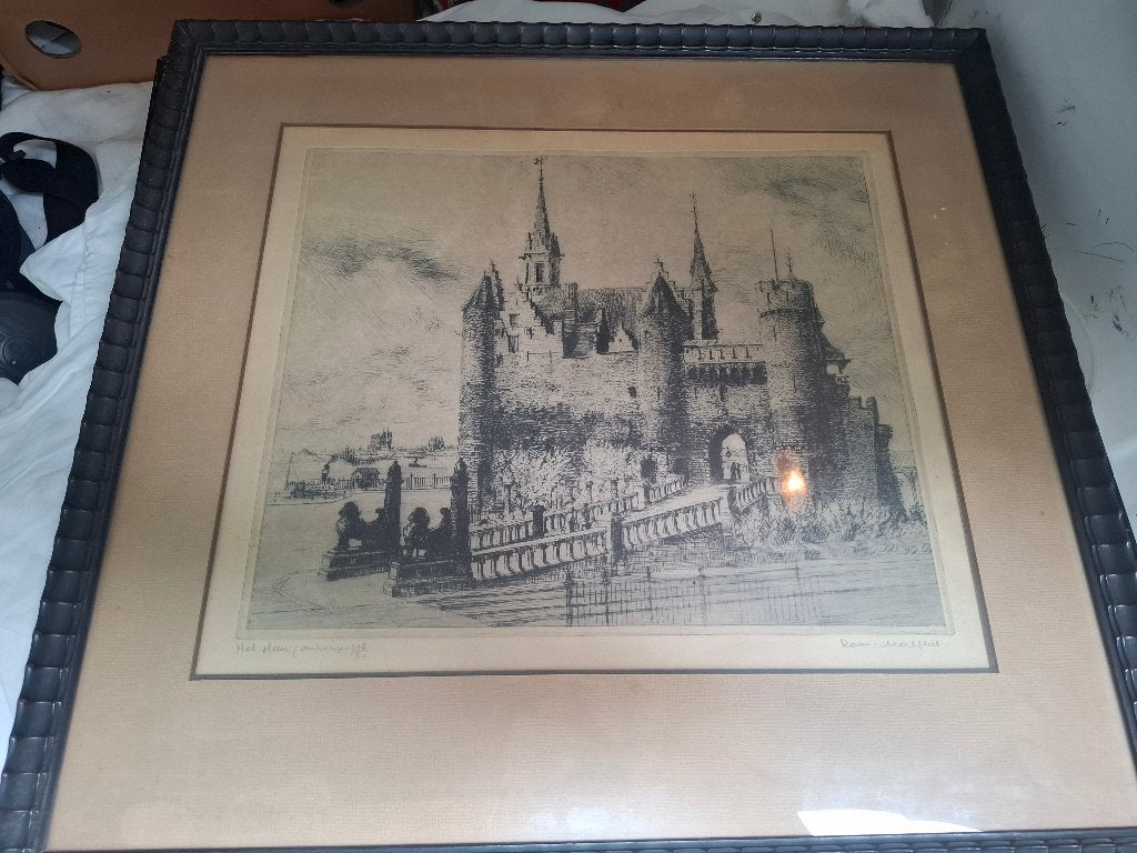 Roman Malfliet  het Steen  Ets, Antiek en Kunst, Ophalen, Stadsgezicht, Ets, 1900 - 1949