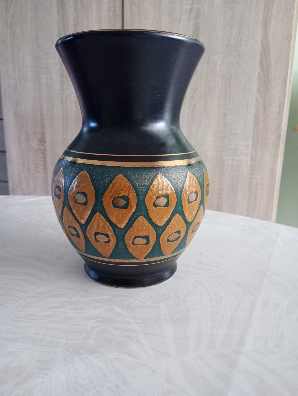 Vase vintage en céramique artisanale noir, vert et doré, Enlèvement, Doré