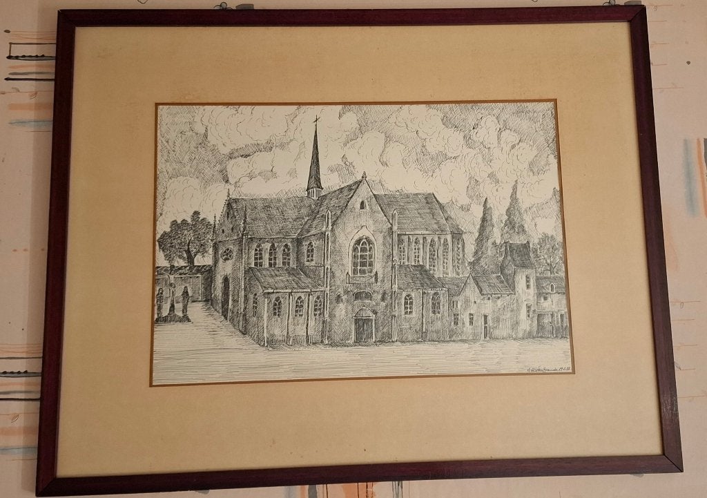 Pentekening: Kapel Onze-Lieve-Vrouw-ginder-buiten (Leuven), Antiek en Kunst, Kunst | Etsen en Gravures, Ophalen, 75 cm, 1950 - 1999