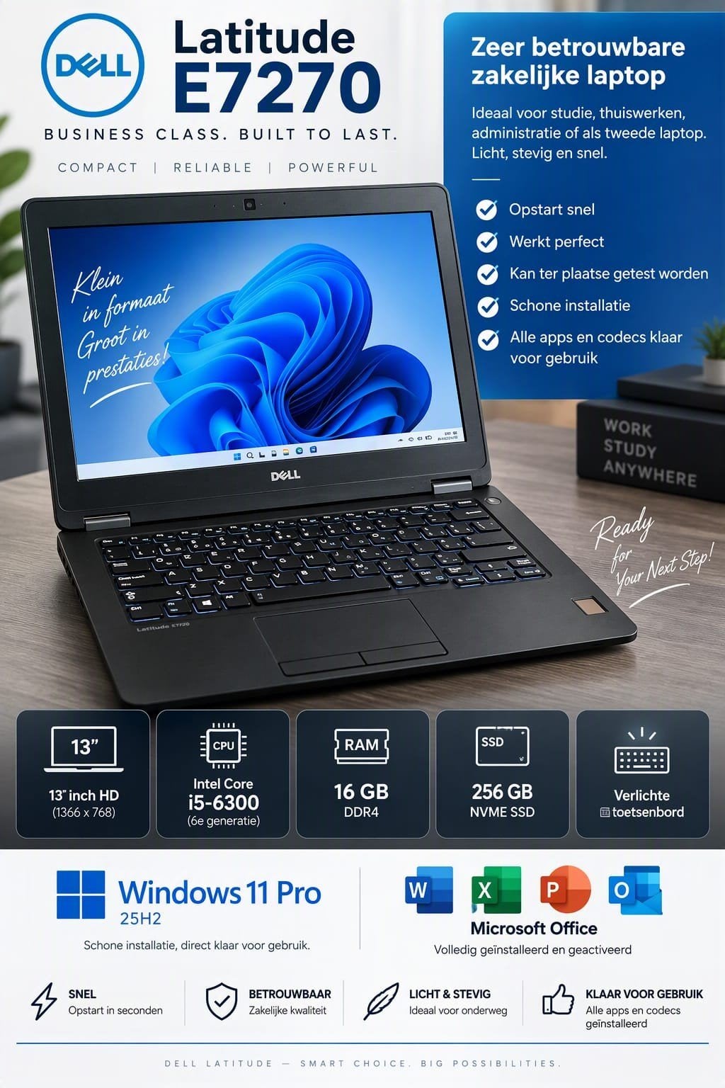 DELL E7270, 13 inch, Ophalen of Verzenden, SSD, 16 GB