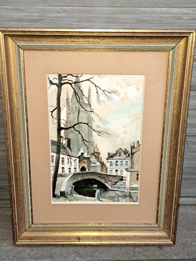 gouache bruges signe piret, Antiek en Kunst, Kunst | Schilderijen | Klassiek, Ophalen of Verzenden, Gouache