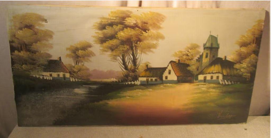 Belle œuvre peinte ancienne « Rivière et village » - signée, Antiquités & Art, Enlèvement ou Envoi
